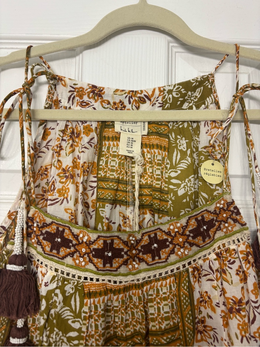 Nicole Miller Women’s Olive & White Boho Tie-Shoulder Top